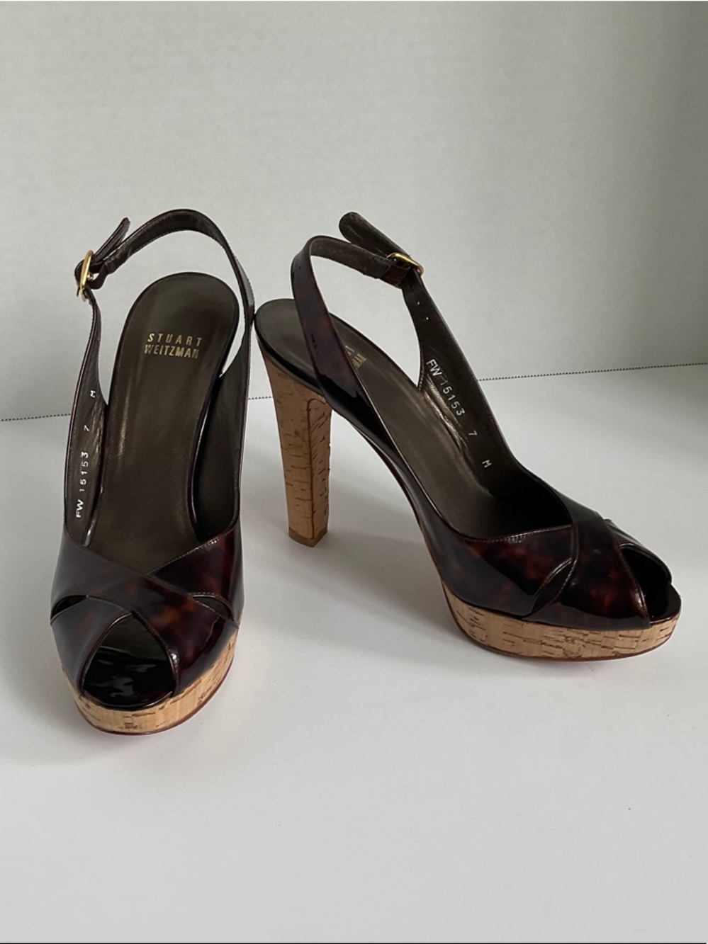 Stuart Weitzman Brown Tortoise Cork Platform Slingback Heels